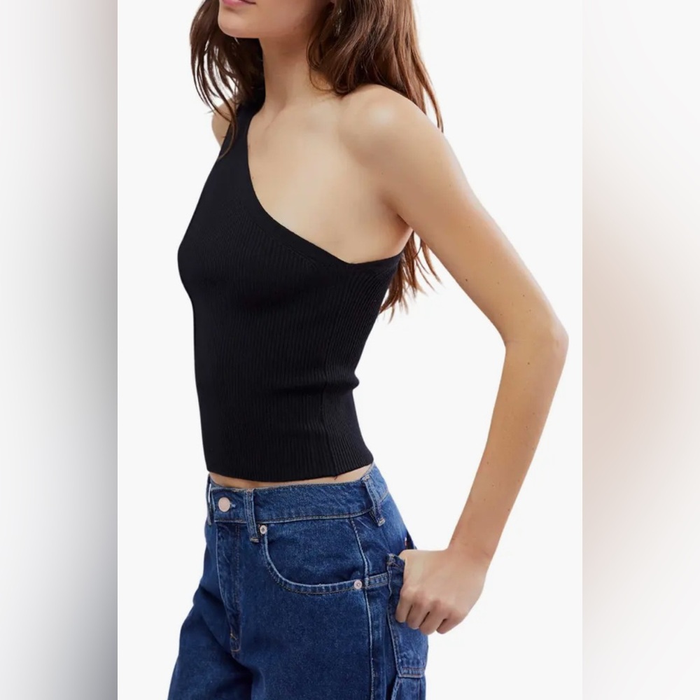 NWT Free People Good Taste One Shoulder Ribbed Tank top in Black - Picture 2 of 5